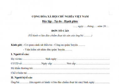 Mẫu đơn tố cáo hành vi lừa đảo chiếm đoạt tài sản